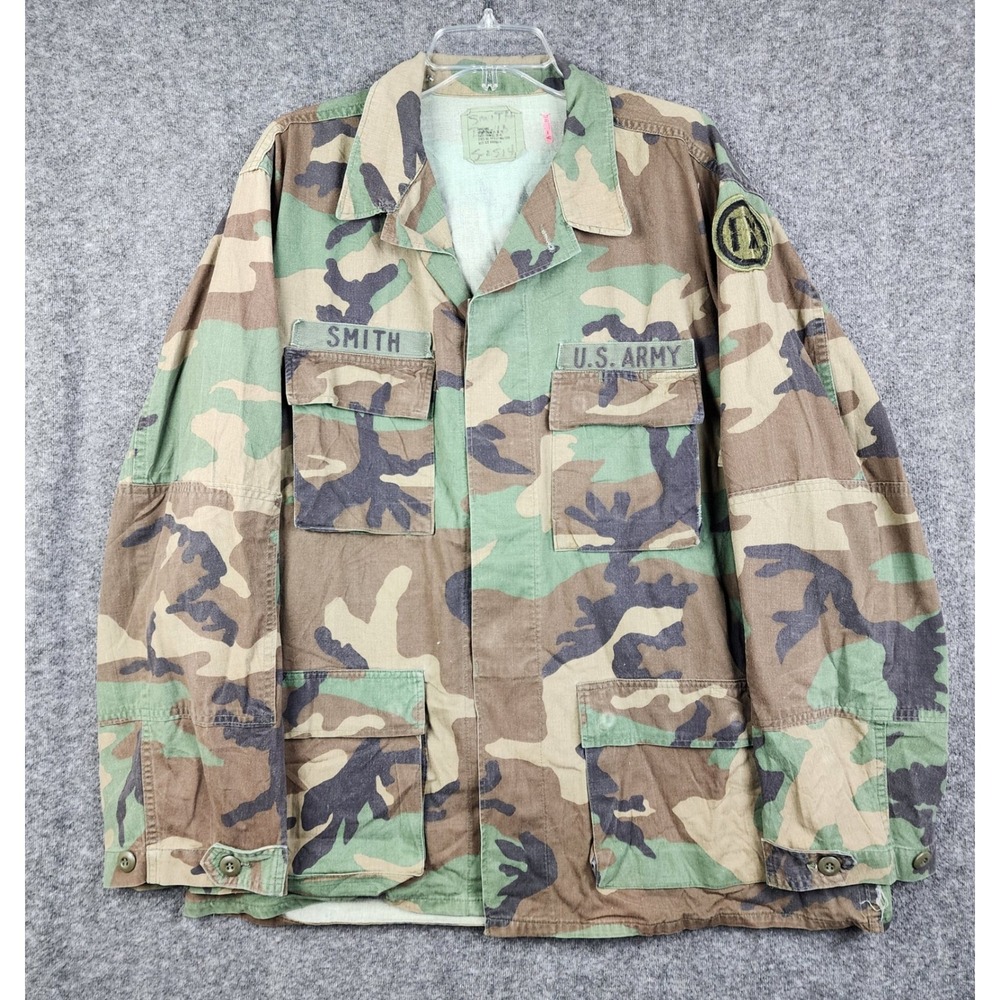 US Army Combat Coat Mens Large Long Woodland Camo Good BDU‎ Field Jacket Patch